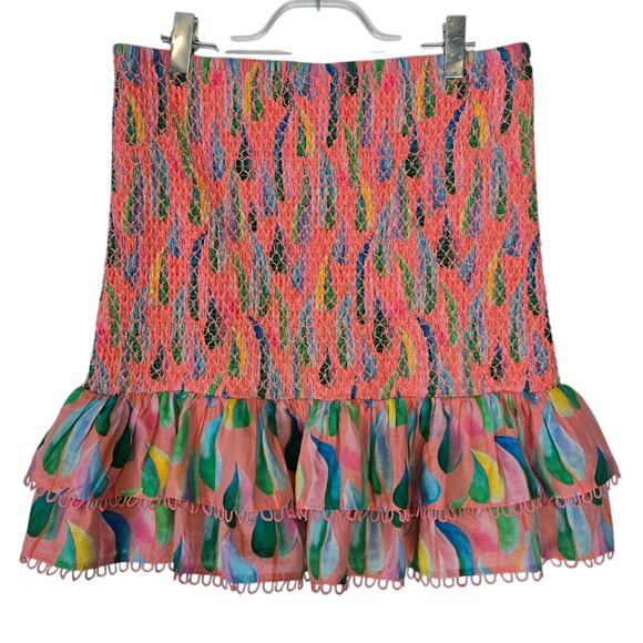 Farm Rio Anthro Smocked Mini Skirt Pink Floral Print Boho Ruffle Hem XL NWT - Picture 3 of 8